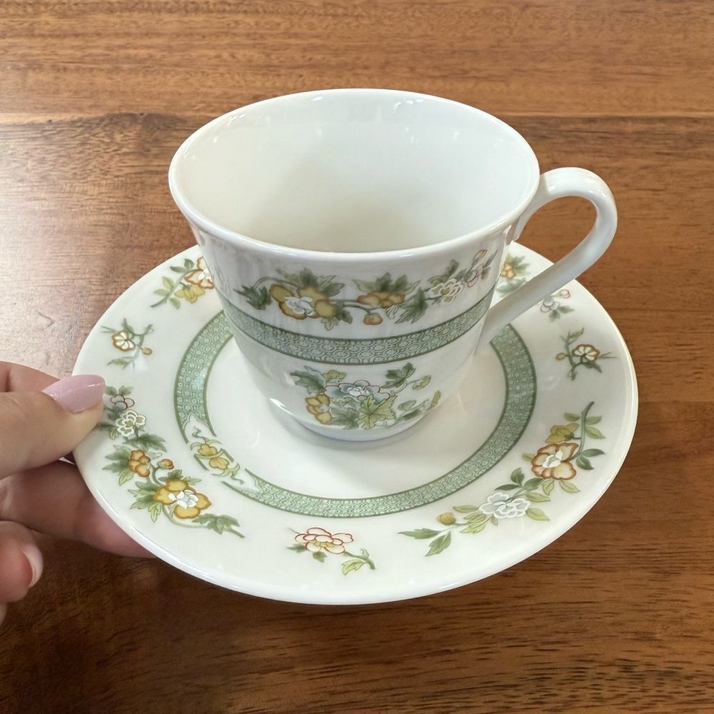 Royal Doulton England Tonkin Fine China Flat Cup Saucer Green Floral Tree